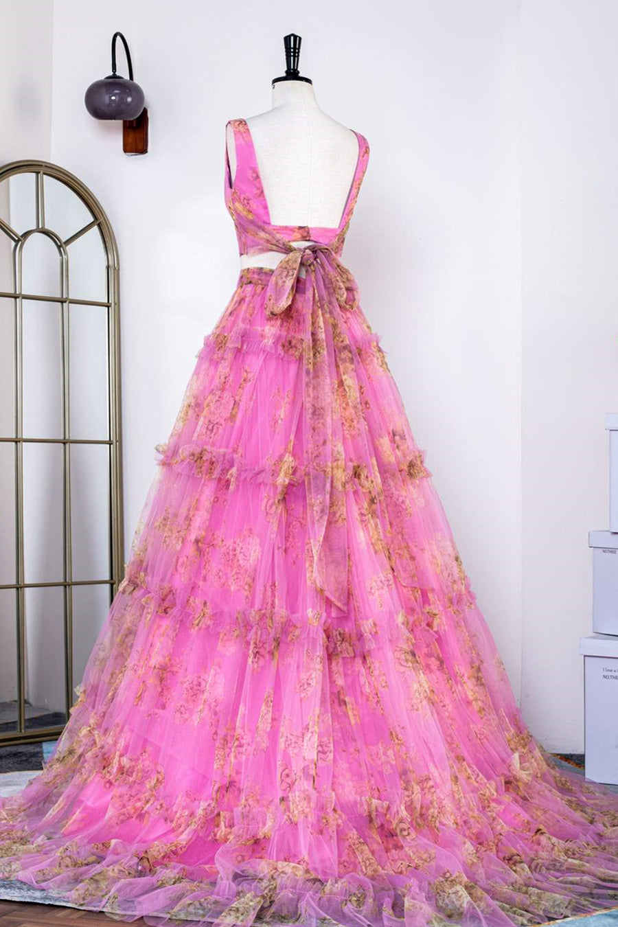 Pink Tow-Piece Ruffled Floral Long Prom Dress