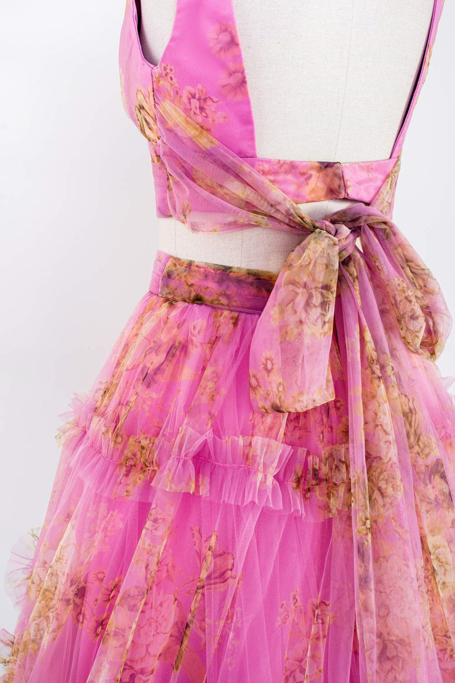 Pink Tow-Piece Ruffled Floral Long Prom Dress