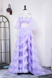 Lavender Off-Shoulder Layers Two-Piece Puff Sleeves Long Prom Dress with Slit