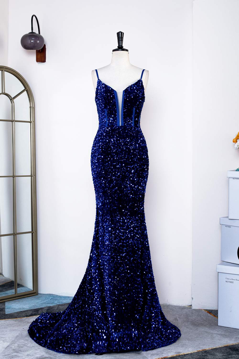 Royal Blue Sequin Spaghetti Strap Mermaid Formal Wear - Xdressy