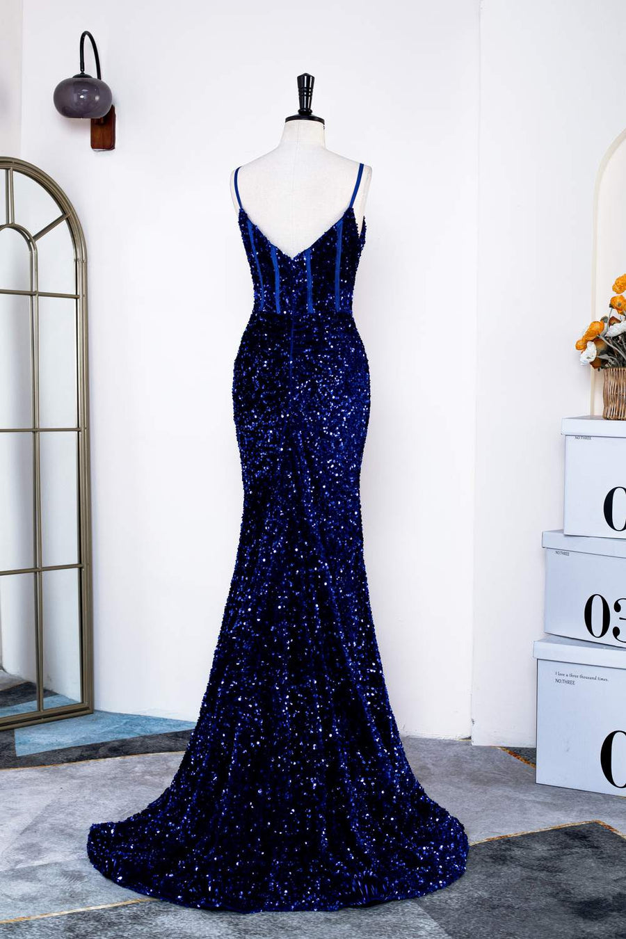 Royal Blue Mermaid Spaghetti Straps Sequins Long Prom Dress
