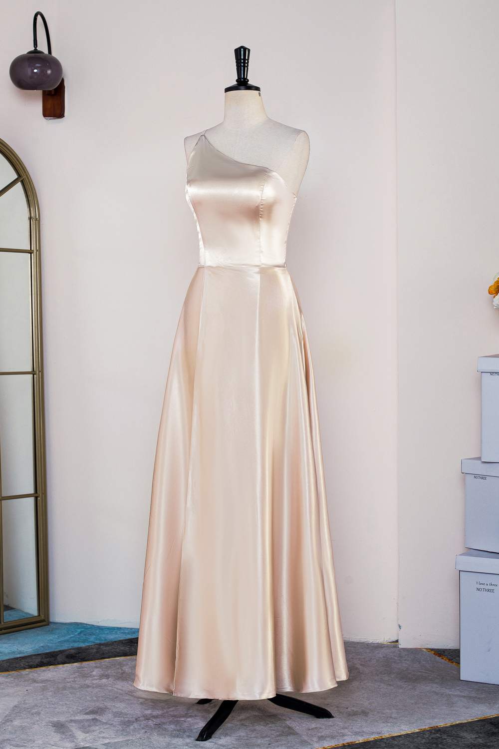 Champagne One Shoulder A-line Satin Knee-Length Bridesmaid Dress