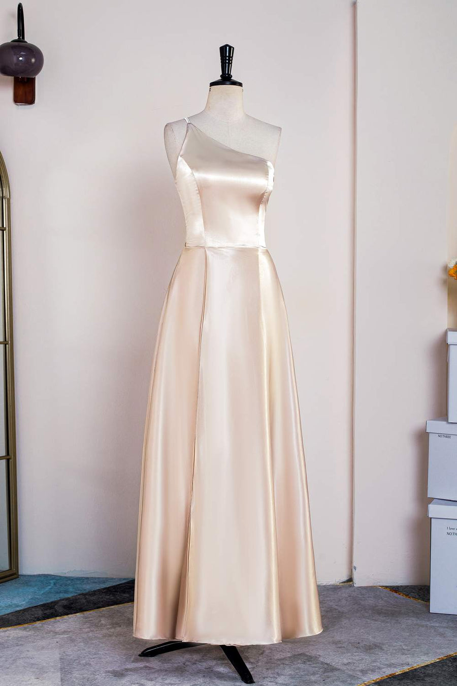 Champagne One Shoulder A-line Satin Knee-Length Bridesmaid Dress Custom Color / US 14