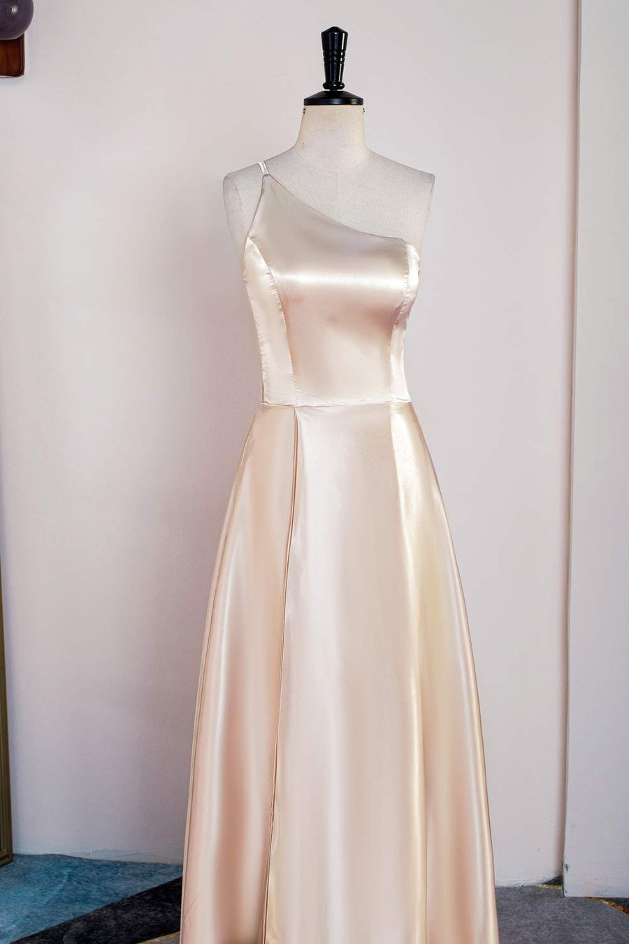 Champagne One Shoulder A-line Satin Knee-Length Bridesmaid Dress