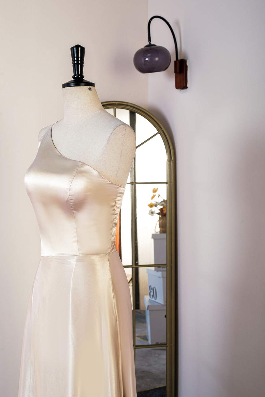 Champagne One Shoulder A-line Satin Knee-Length Bridesmaid Dress Custom Color / US 14