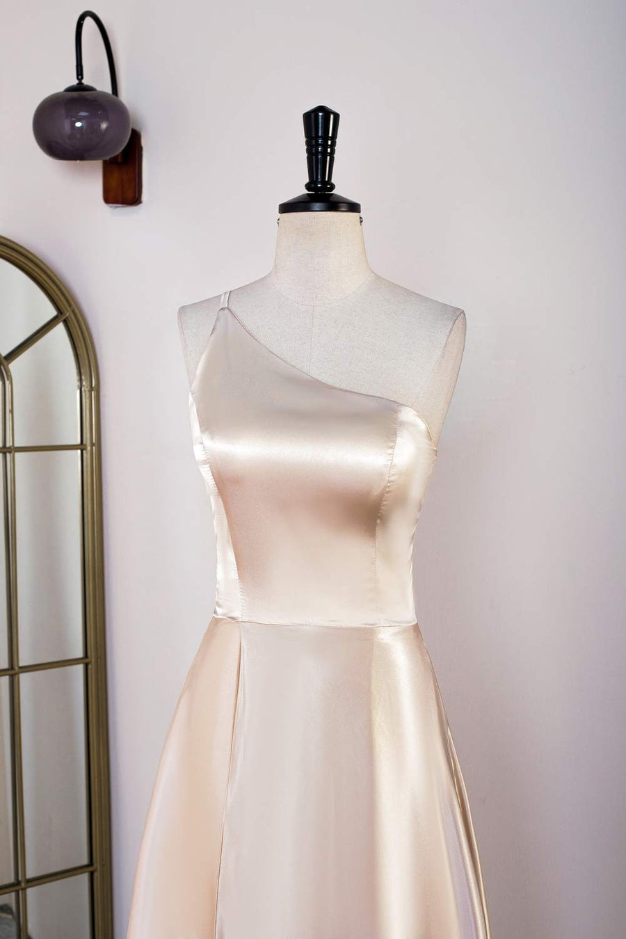 Champagne One Shoulder A-line Satin Knee-Length Bridesmaid Dress