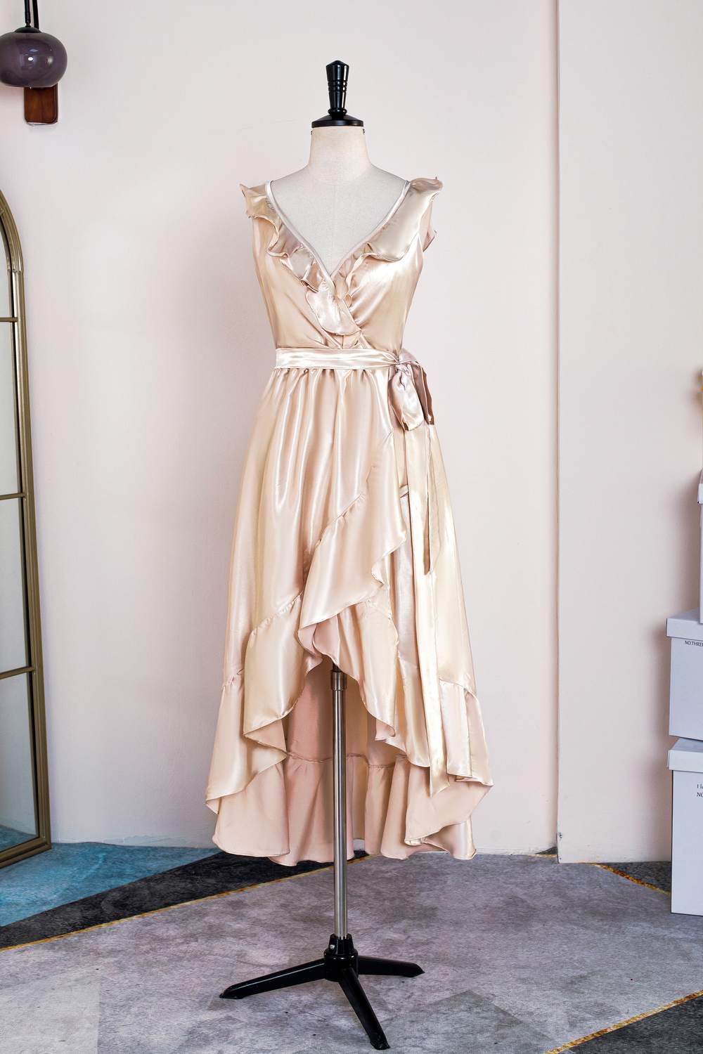 Champagne Ruffled Faux-Wrapped Hi-Low Bridesmaid Dress with Sash 