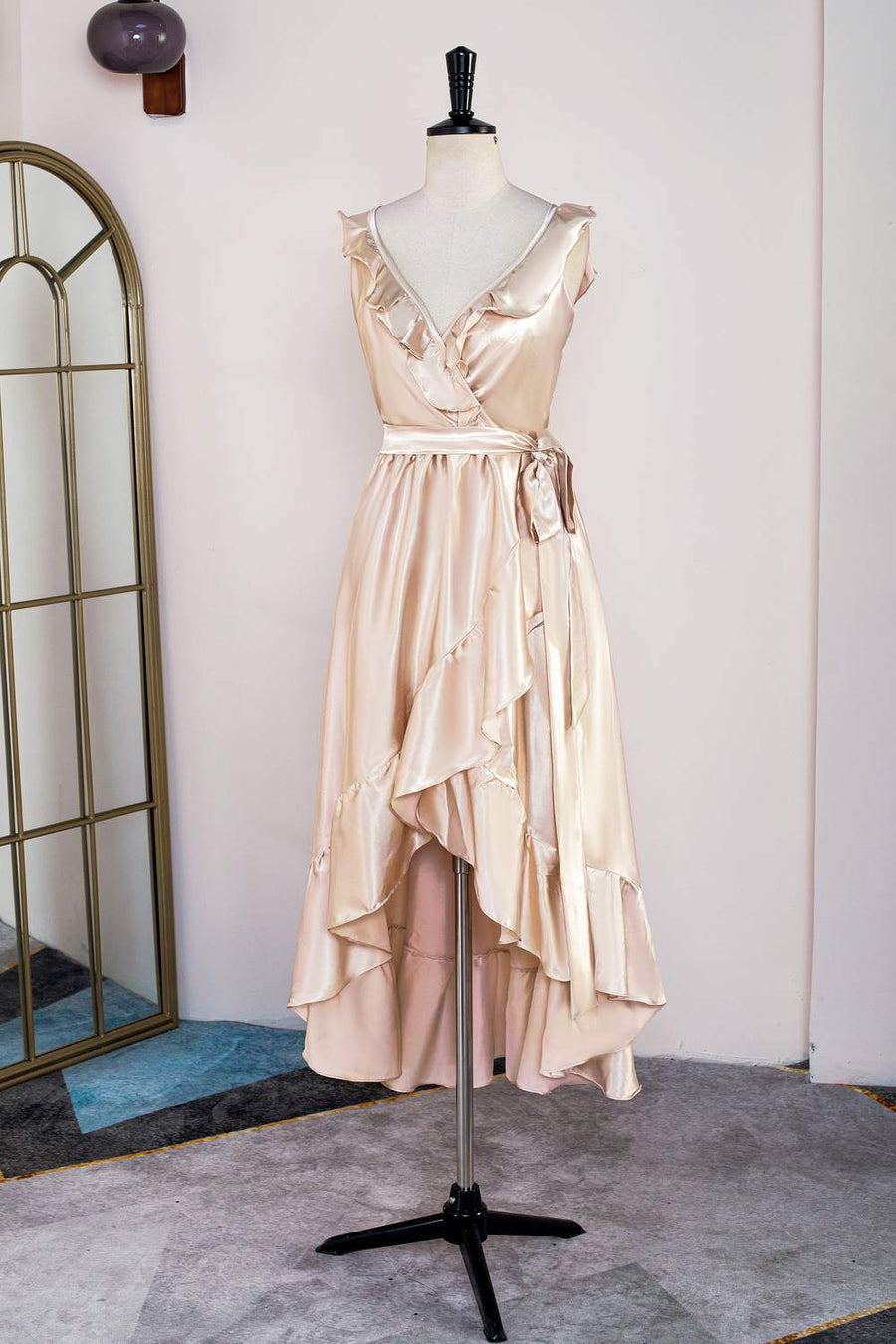 Champagne Ruffled Faux-Wrapped Hi-Low Bridesmaid Dress with Sash
