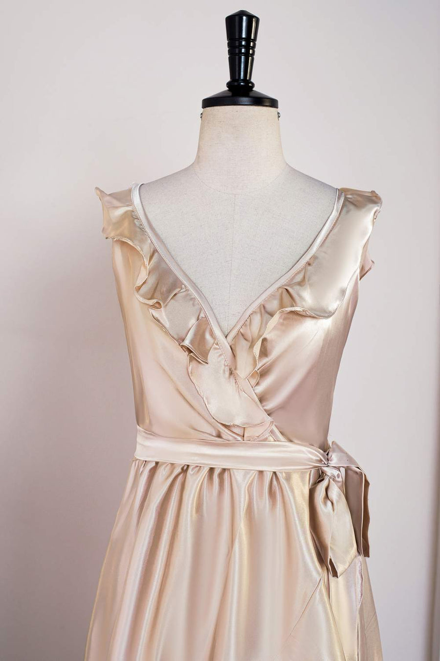 Champagne Ruffled Faux-Wrapped Hi-Low Bridesmaid Dress with Sash