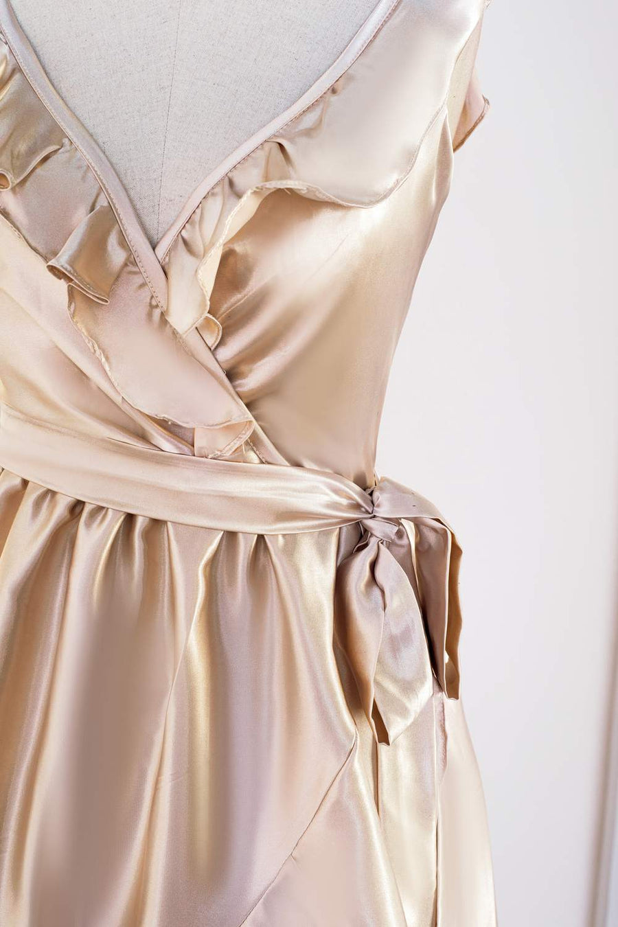Champagne Ruffled Faux-Wrapped Hi-Low Bridesmaid Dress with Sash