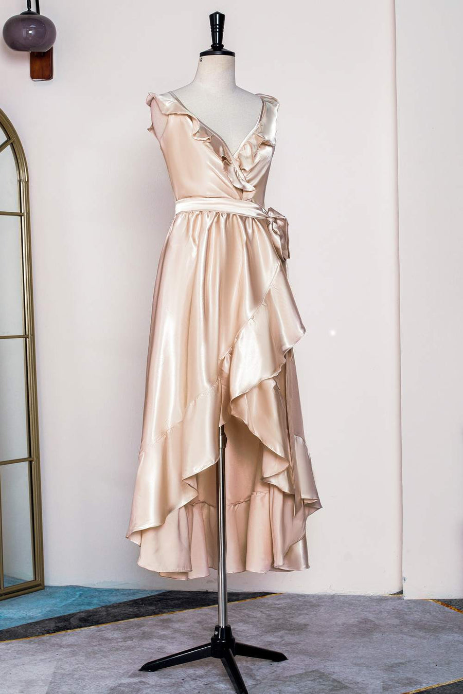 Champagne Ruffled Faux-Wrapped Hi-Low Bridesmaid Dress with Sash Custom Color / Custom Size