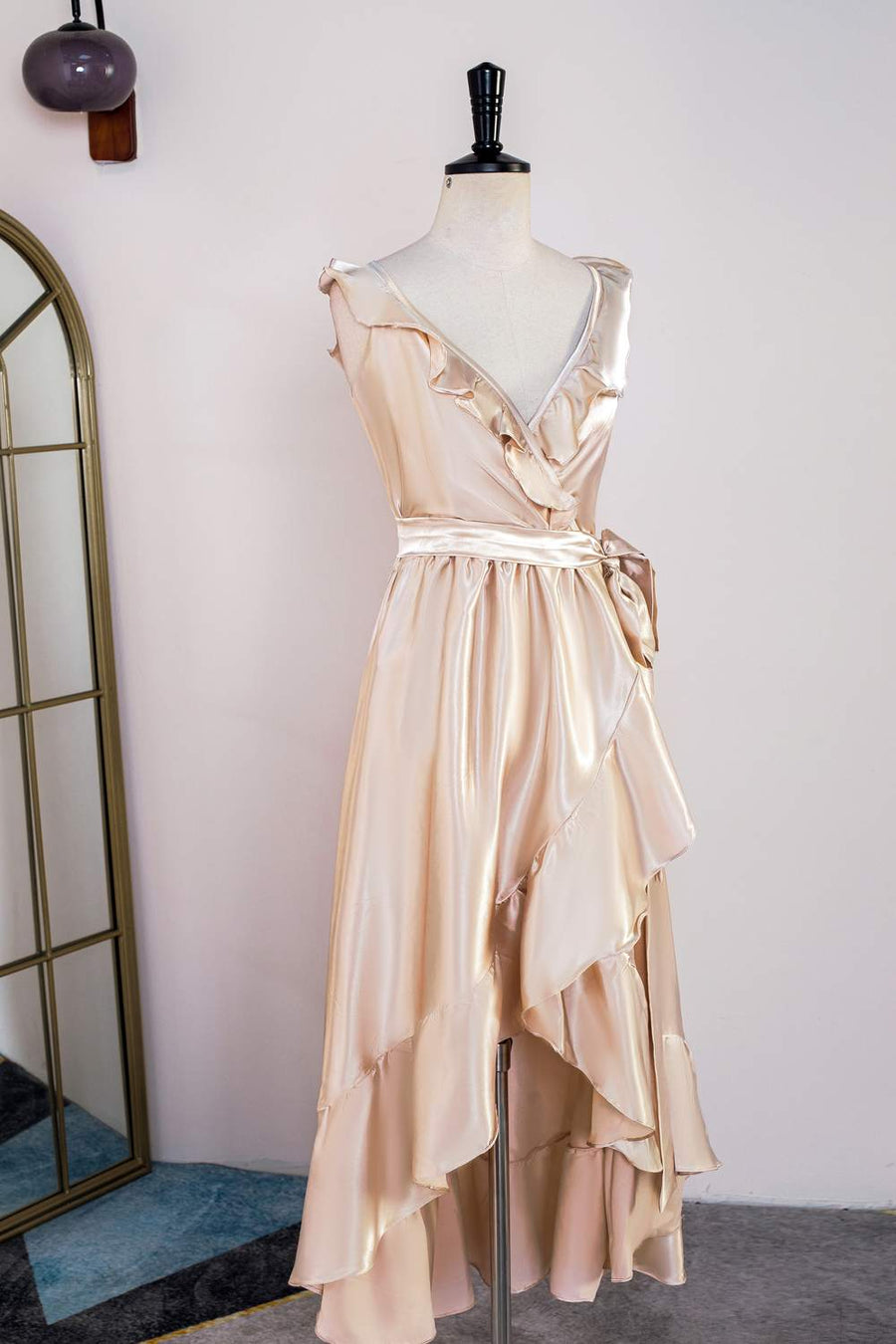 Champagne Ruffled Faux-Wrapped Hi-Low Bridesmaid Dress with Sash