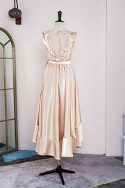 Champagne Ruffled Faux-Wrapped Hi-Low Bridesmaid Dress with Sash