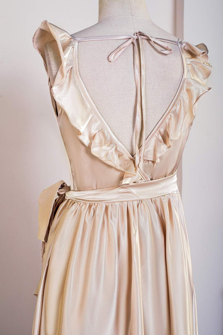 Champagne Ruffled Faux-Wrapped Hi-Low Bridesmaid Dress with Sash