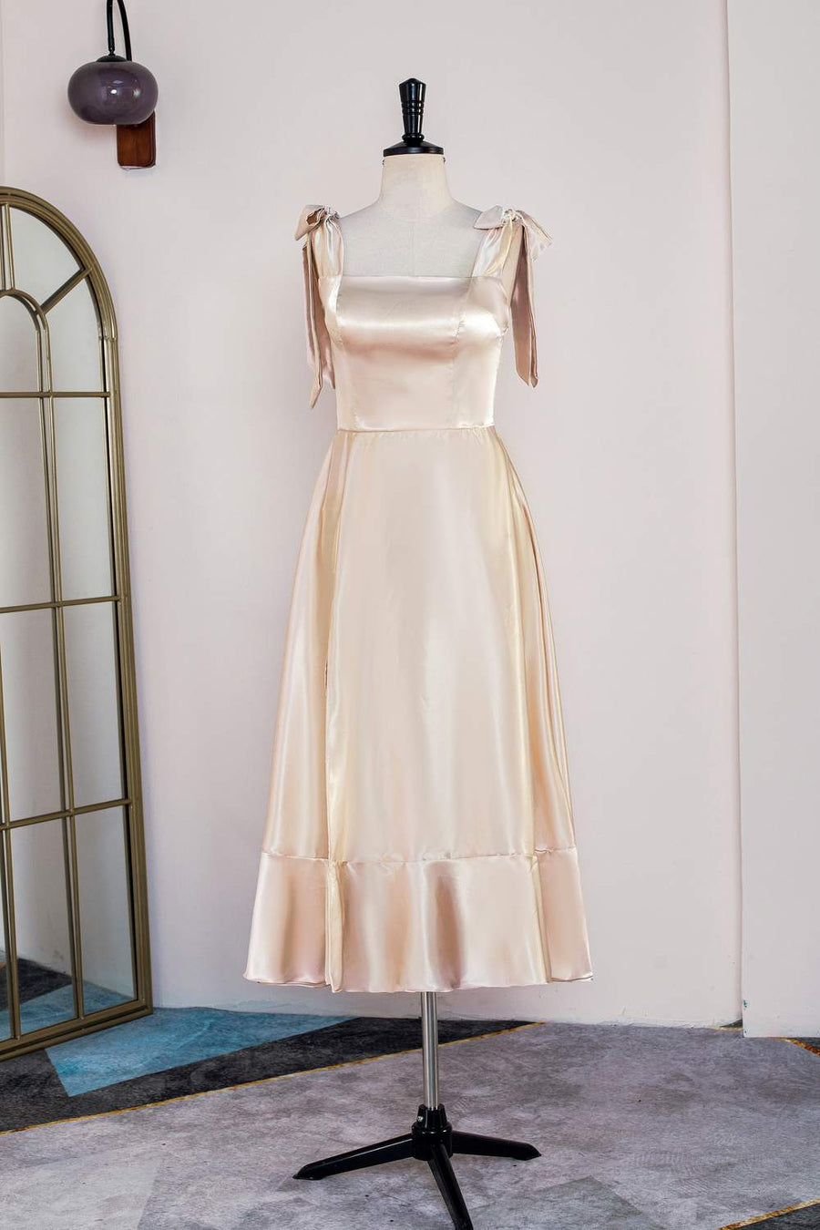 Champagne Bow Tie Straps A-line Satin Tea-Length Bridesmaid Dress Champagne / Custom Size
