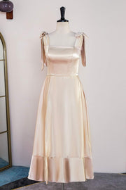 Champagne Bow Tie Straps A-line Satin Tea-Length Bridesmaid Dress