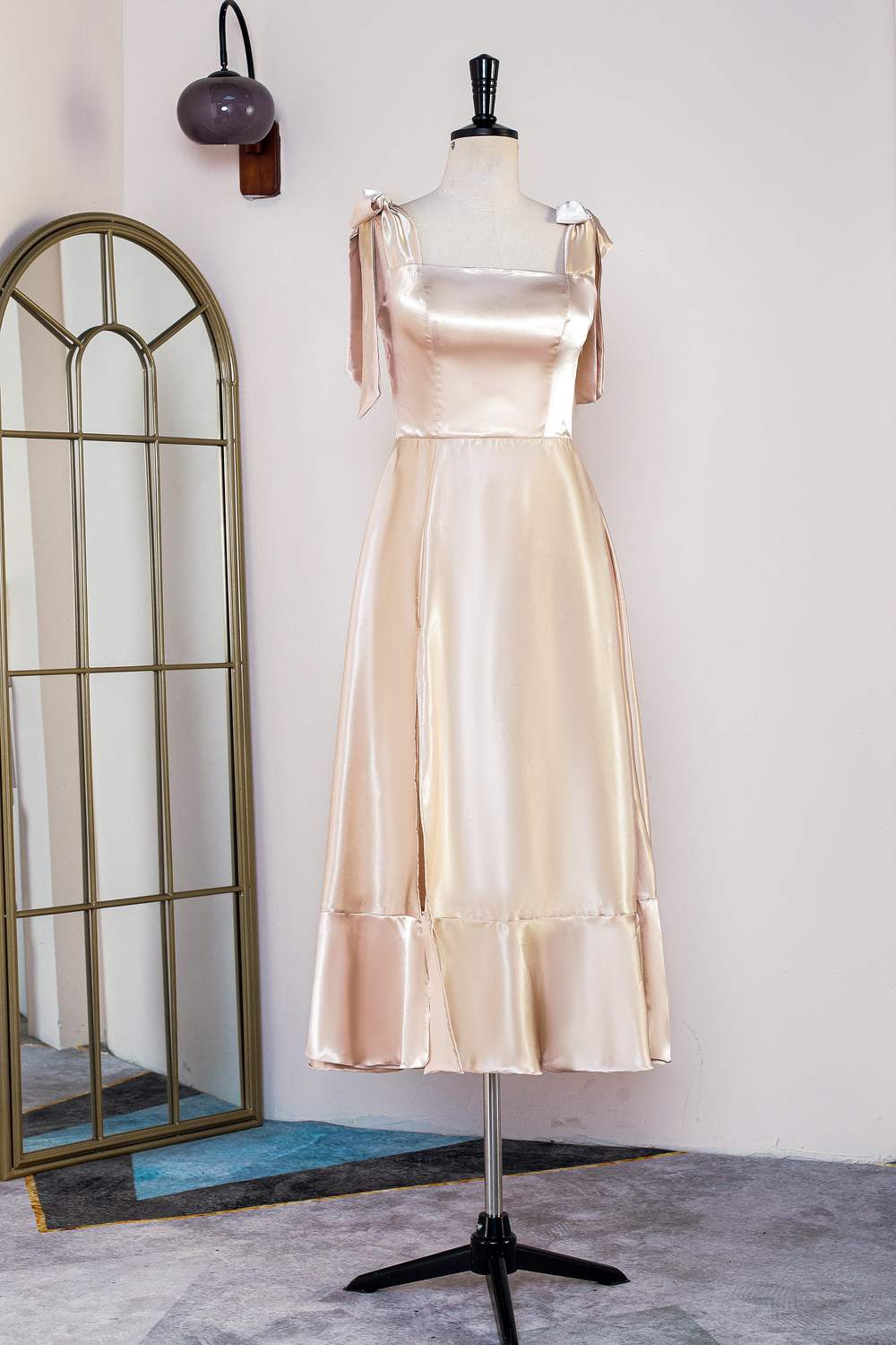 Champagne Bow Tie Straps A-line Satin Tea-Length Bridesmaid Dress