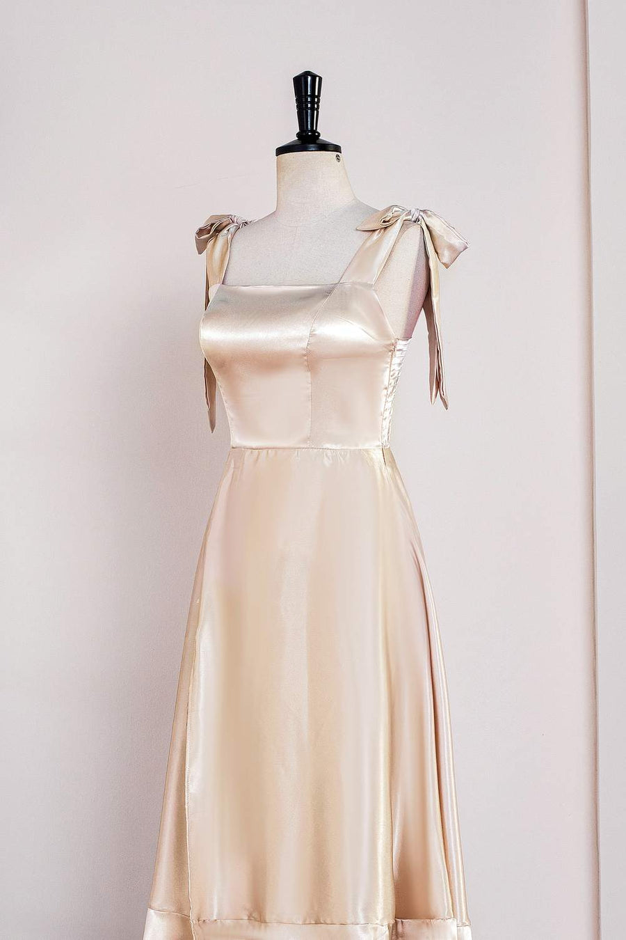 Champagne Bow Tie Straps A-line Satin Tea-Length Bridesmaid Dress Champagne / Custom Size Champagne Bow Tie Straps A-line Satin Tea-Length Bridesmaid Dress Champagne / Custom Size