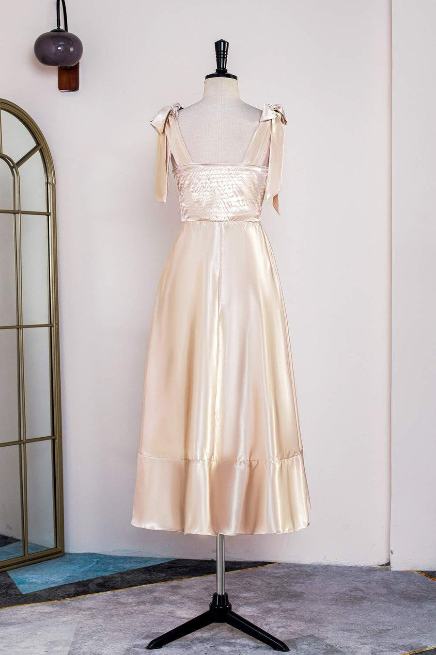 Champagne Bow Tie Straps A-line Satin Tea-Length Bridesmaid Dress Champagne / Custom Size Champagne Bow Tie Straps A-line Satin Tea-Length Bridesmaid Dress Champagne / Custom Size