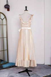 Champagne Ruffled Sleeveless Tea-Length Bridesmaid Dress with Sash