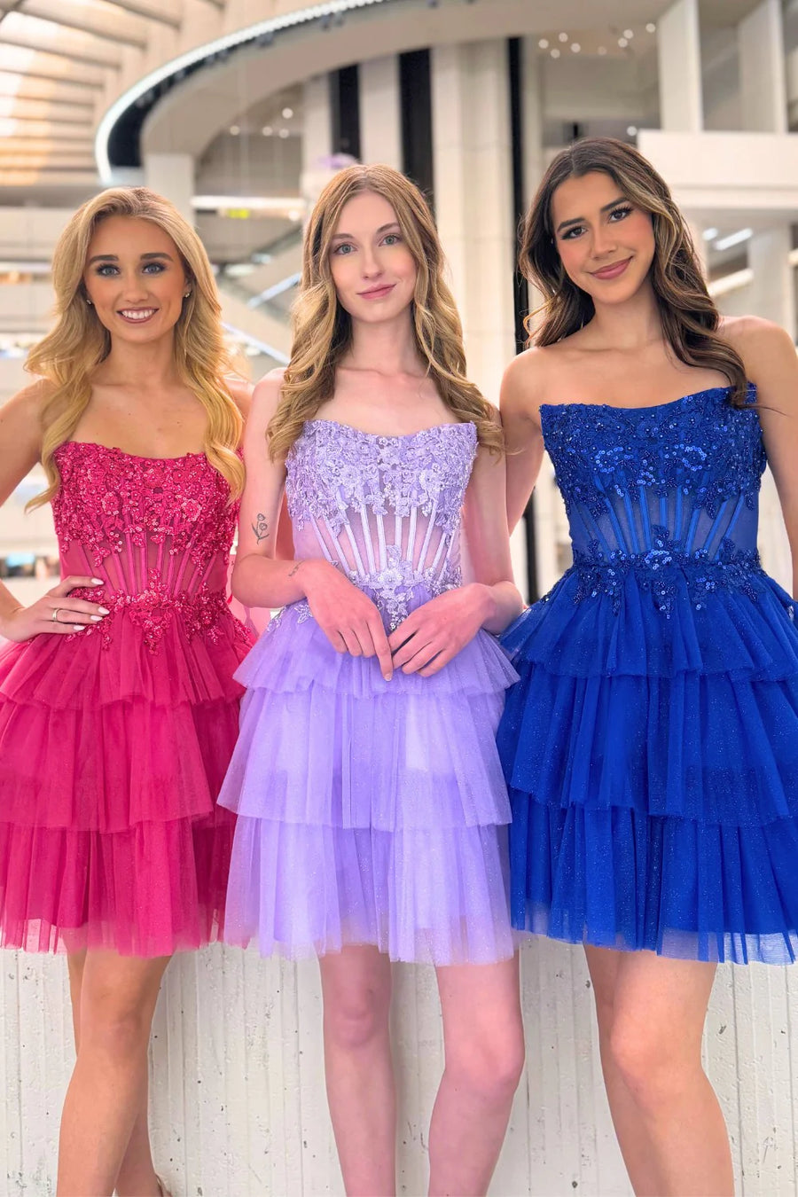 Bateau Strapless A-Line Empire Lace Appliques Tiered Homecoming Dress