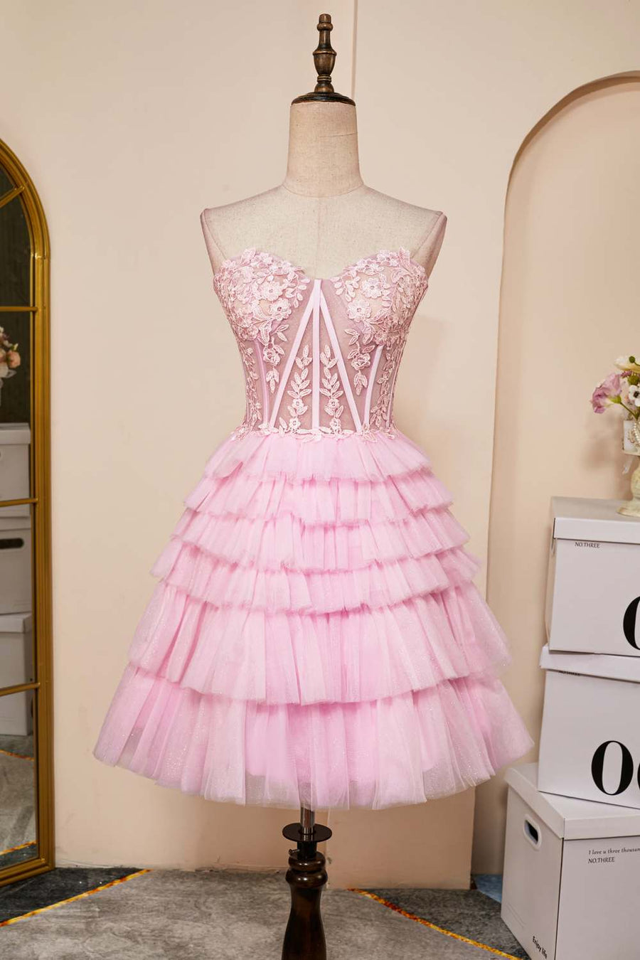 Pink A-line Strapless Appliques Multi-Layers Homecoming Dress