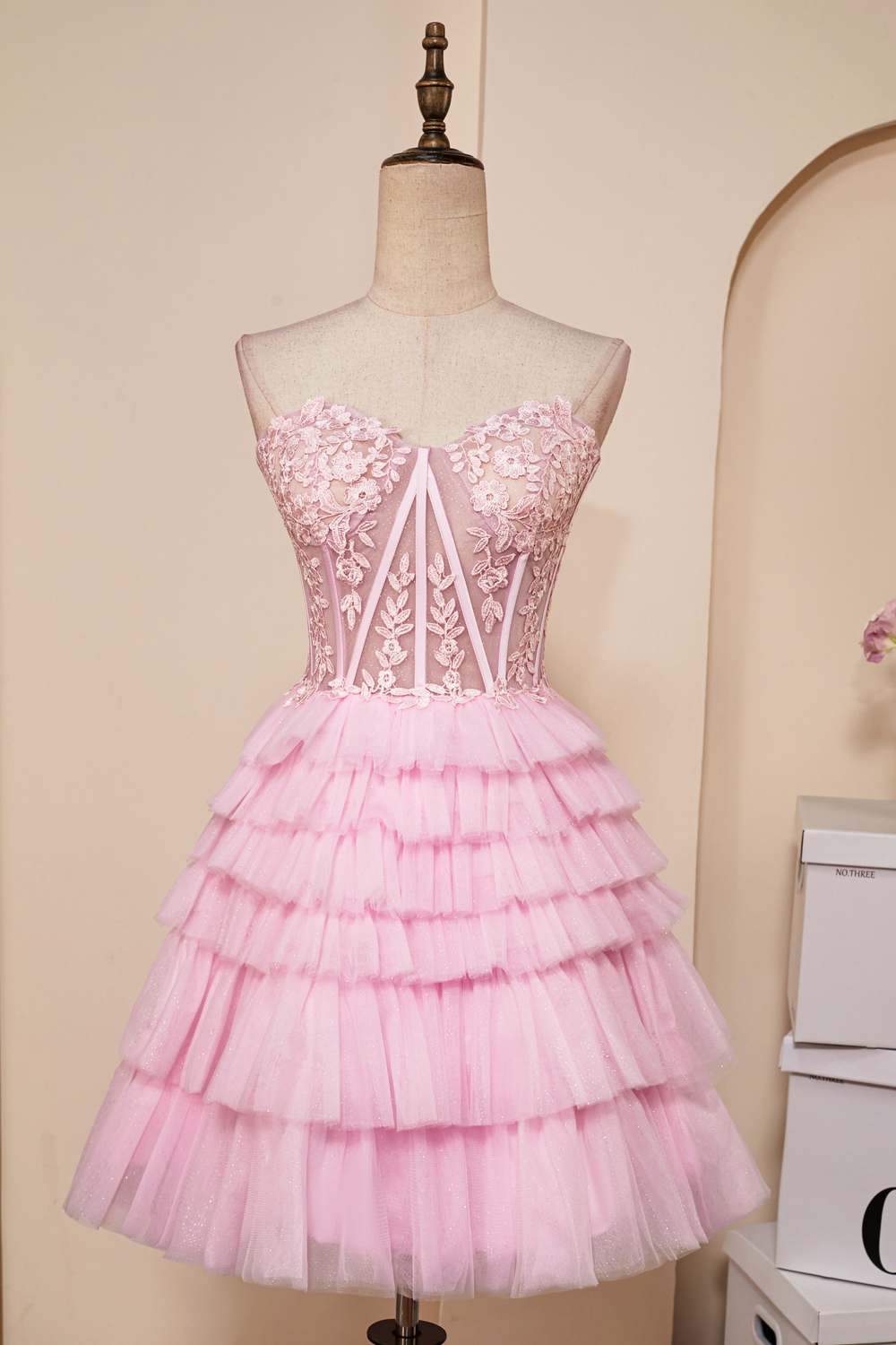 Pink A-line Strapless Appliques Multi-Layers Homecoming Dress