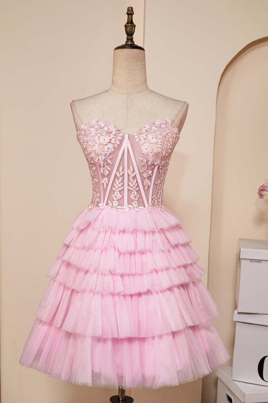 Pink A-line Strapless Appliques Multi-Layers Homecoming Dress Pink / US 6 Pink A-line Strapless Appliques Multi-Layers Homecoming Dress Pink / US 6