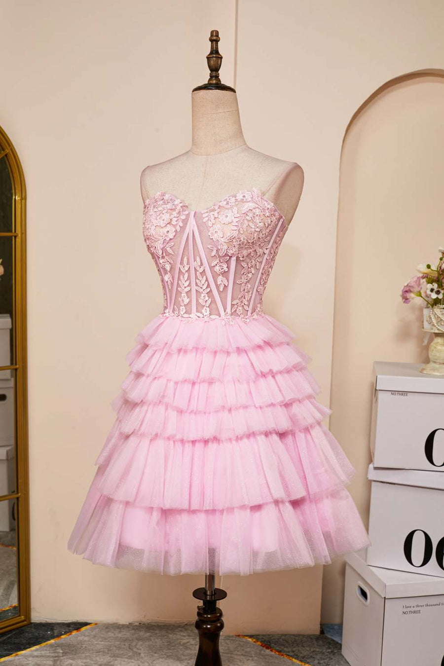 Pink A-line Strapless Appliques Multi-Layers Homecoming Dress
