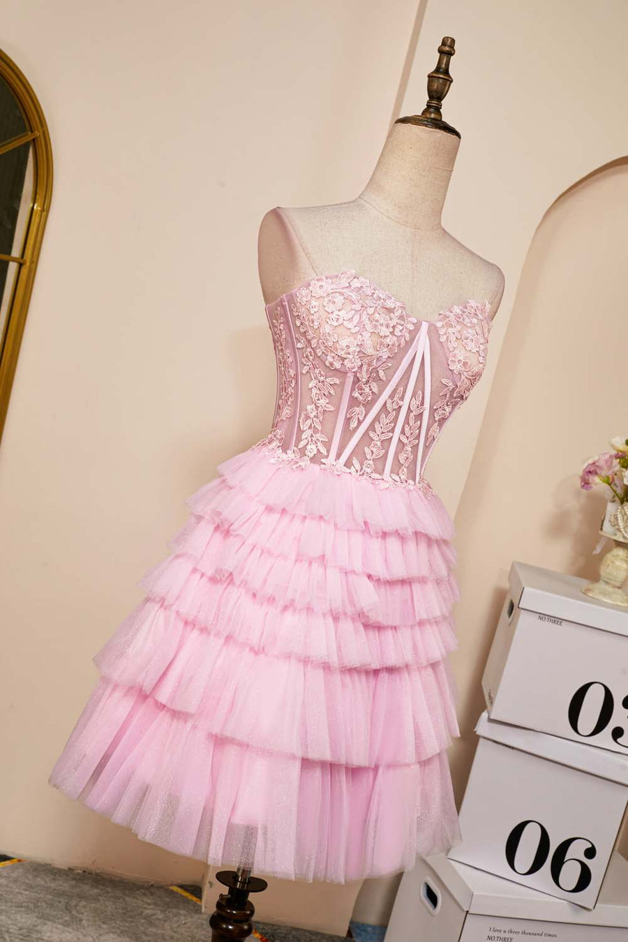 Pink A-line Strapless Appliques Multi-Layers Homecoming Dress