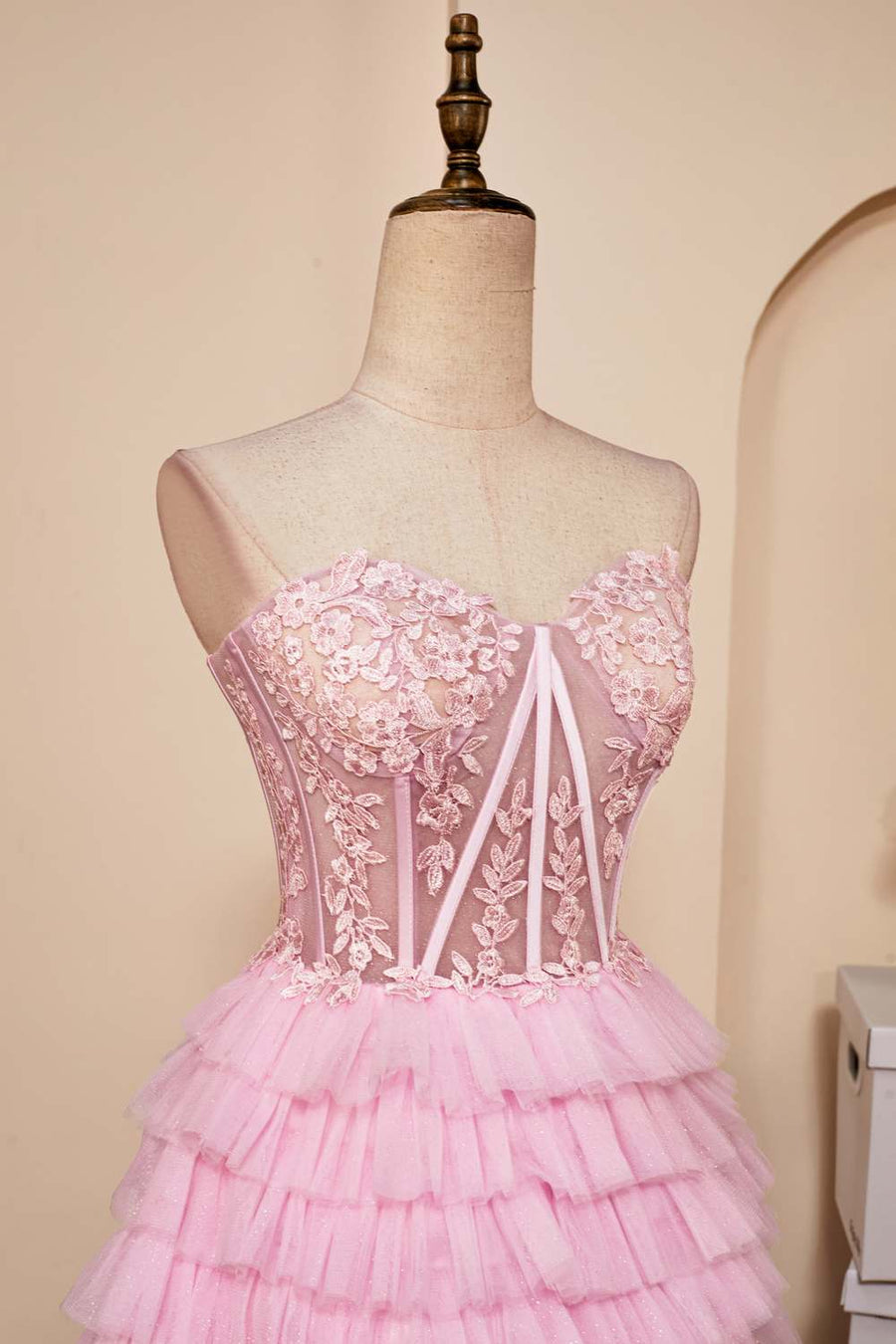 Pink A-line Strapless Appliques Multi-Layers Homecoming Dress