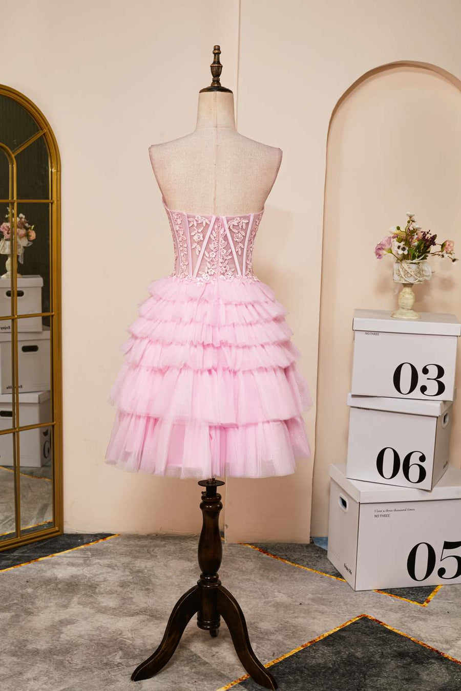 Pink A-line Strapless Appliques Multi-Layers Homecoming Dress