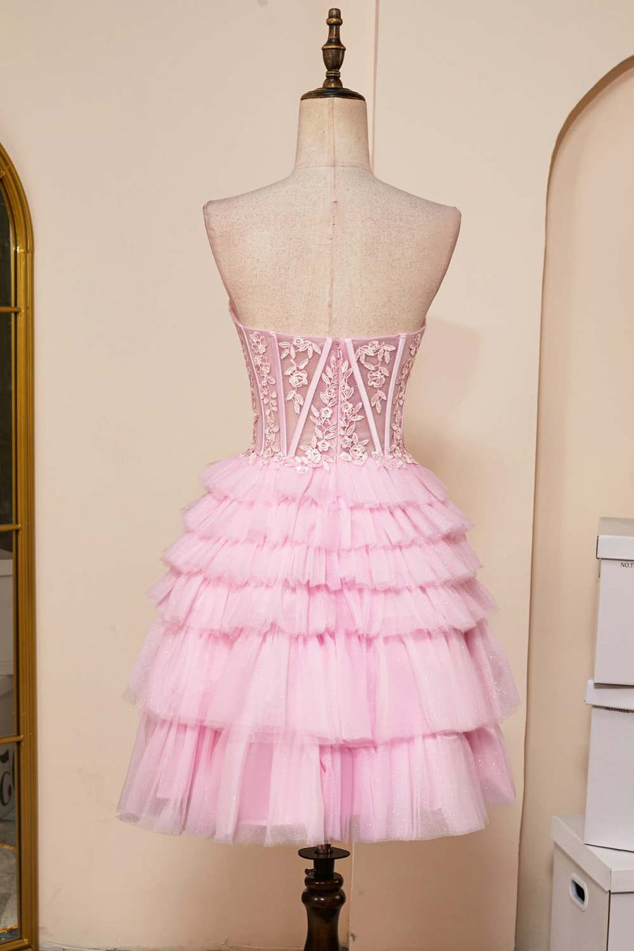 Pink A-line Strapless Appliques Multi-Layers Homecoming Dress