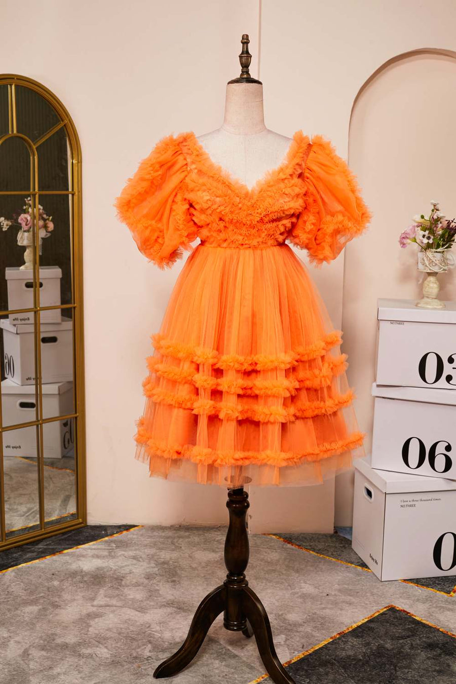 Orange Ruffled V Neck Puff Sleeves A-line Homecoming Dress | Joyofdress Orange Ruffled V Neck Puff Sleeves A-line Homecoming Dress | Joyofdress