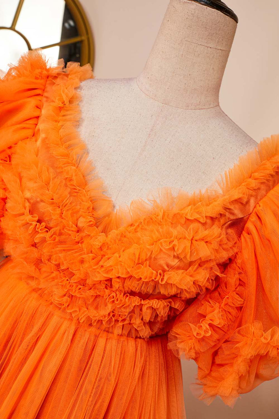 homecoming orange dress Orange Ruffled V Neck Puff Sleeves A-line Homecoming Dress Orange / US 16