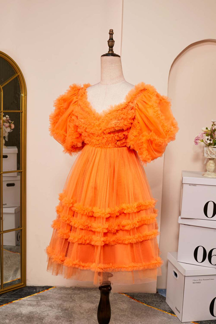 Orange Ruffled V Neck Puff Sleeves A-line Homecoming Dress