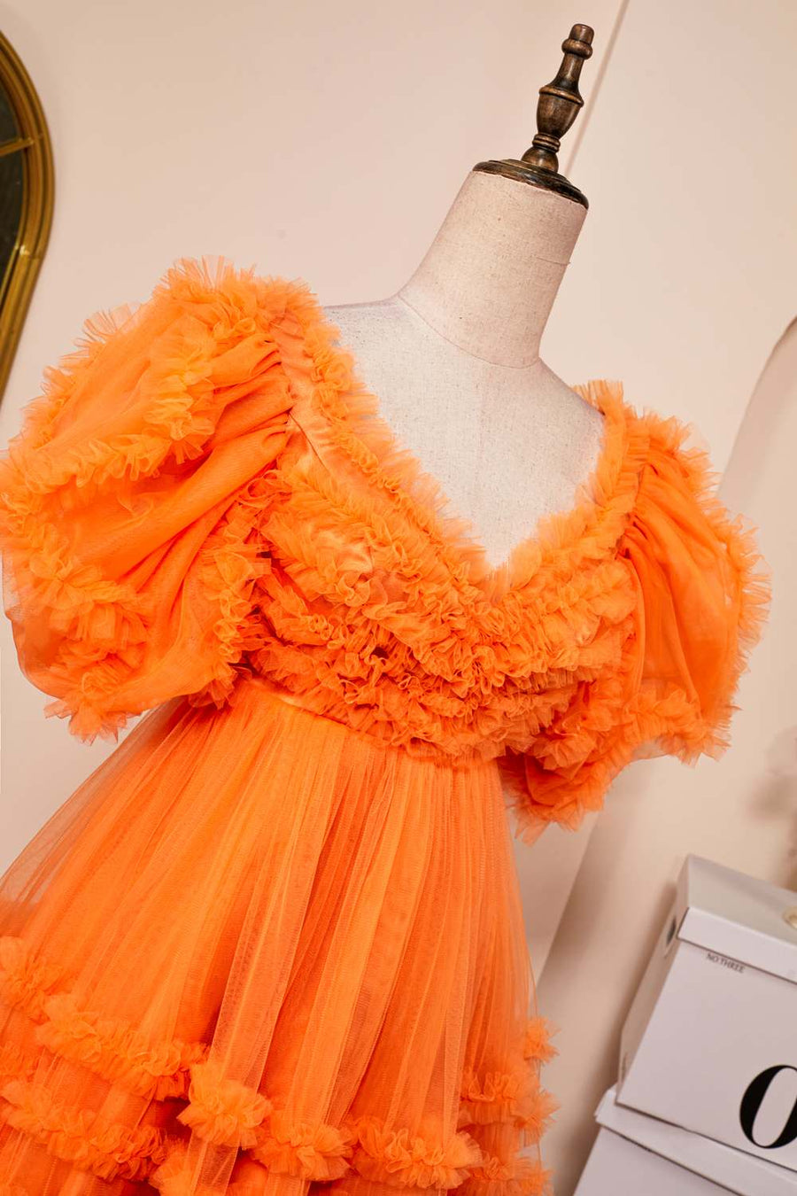 Orange Ruffled V Neck Puff Sleeves A-line Homecoming Dress