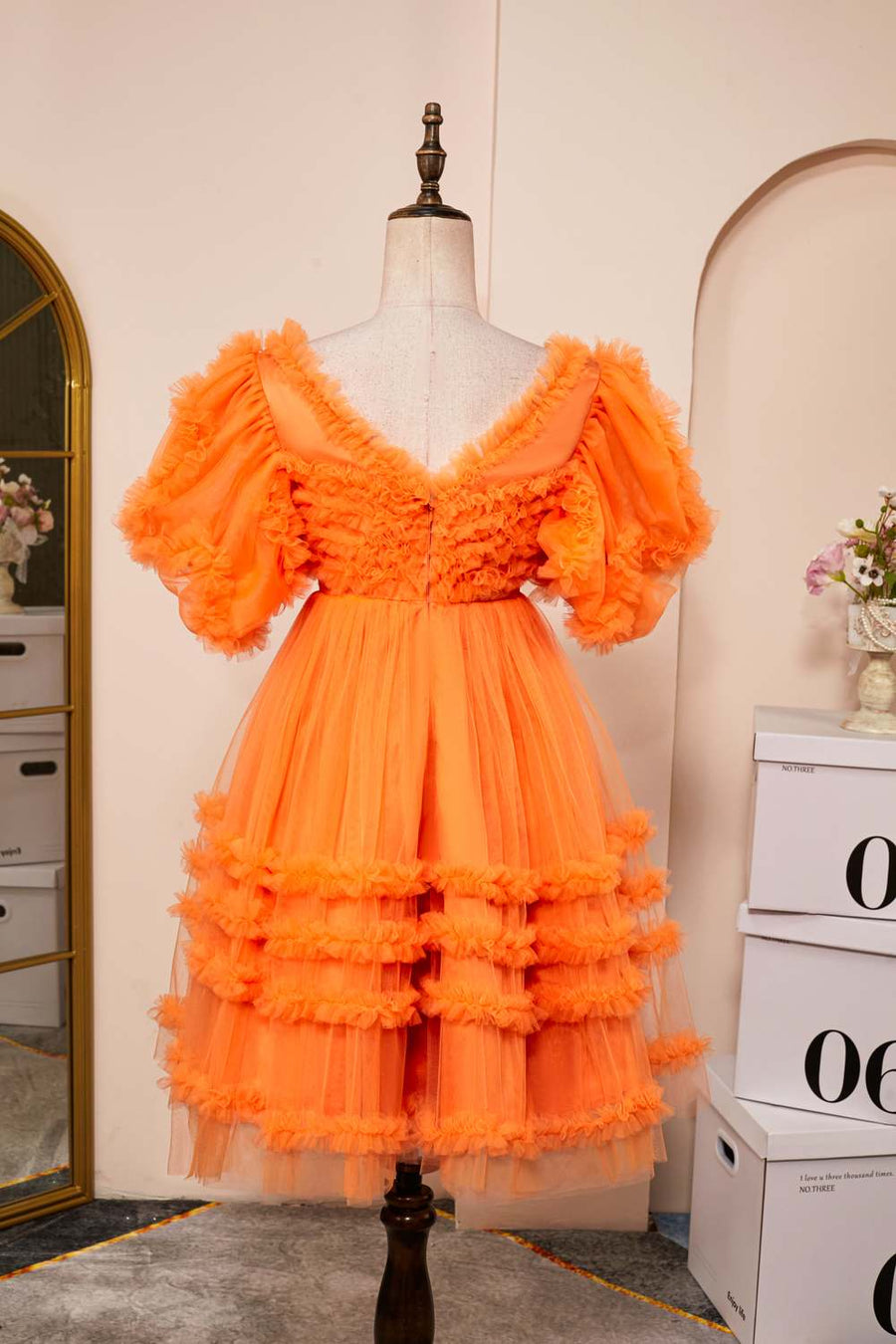Orange Ruffled V Neck Puff Sleeves A-line Homecoming Dress | Joyofdress Orange Ruffled V Neck Puff Sleeves A-line Homecoming Dress | Joyofdress