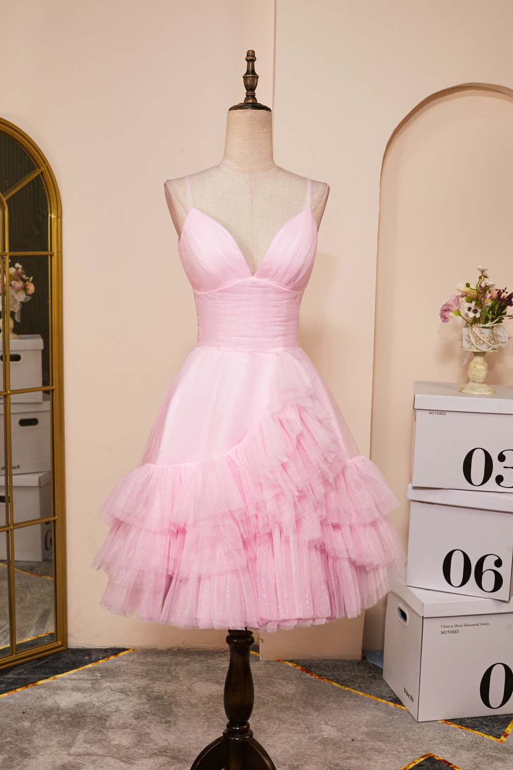 Pink Plunging V Neck Multi-Layers A-line Straps Homecoming Dress