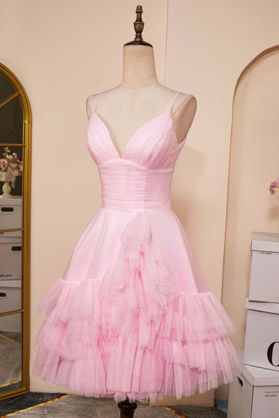Pink Plunging V Neck Multi-Layers A-line Straps Homecoming Dress