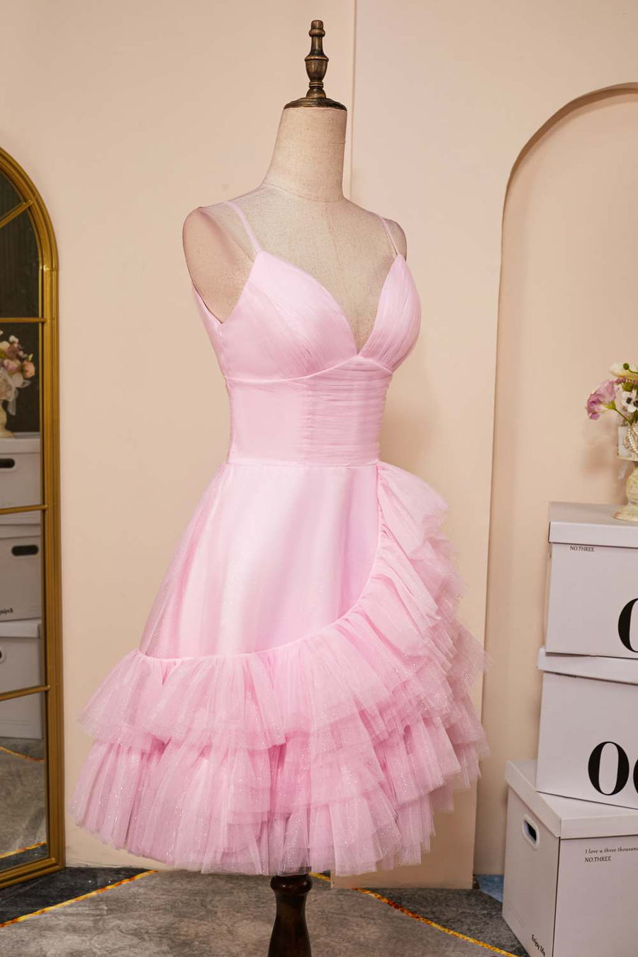 Pink Plunging V Neck Multi-Layers A-line Straps Homecoming Dress