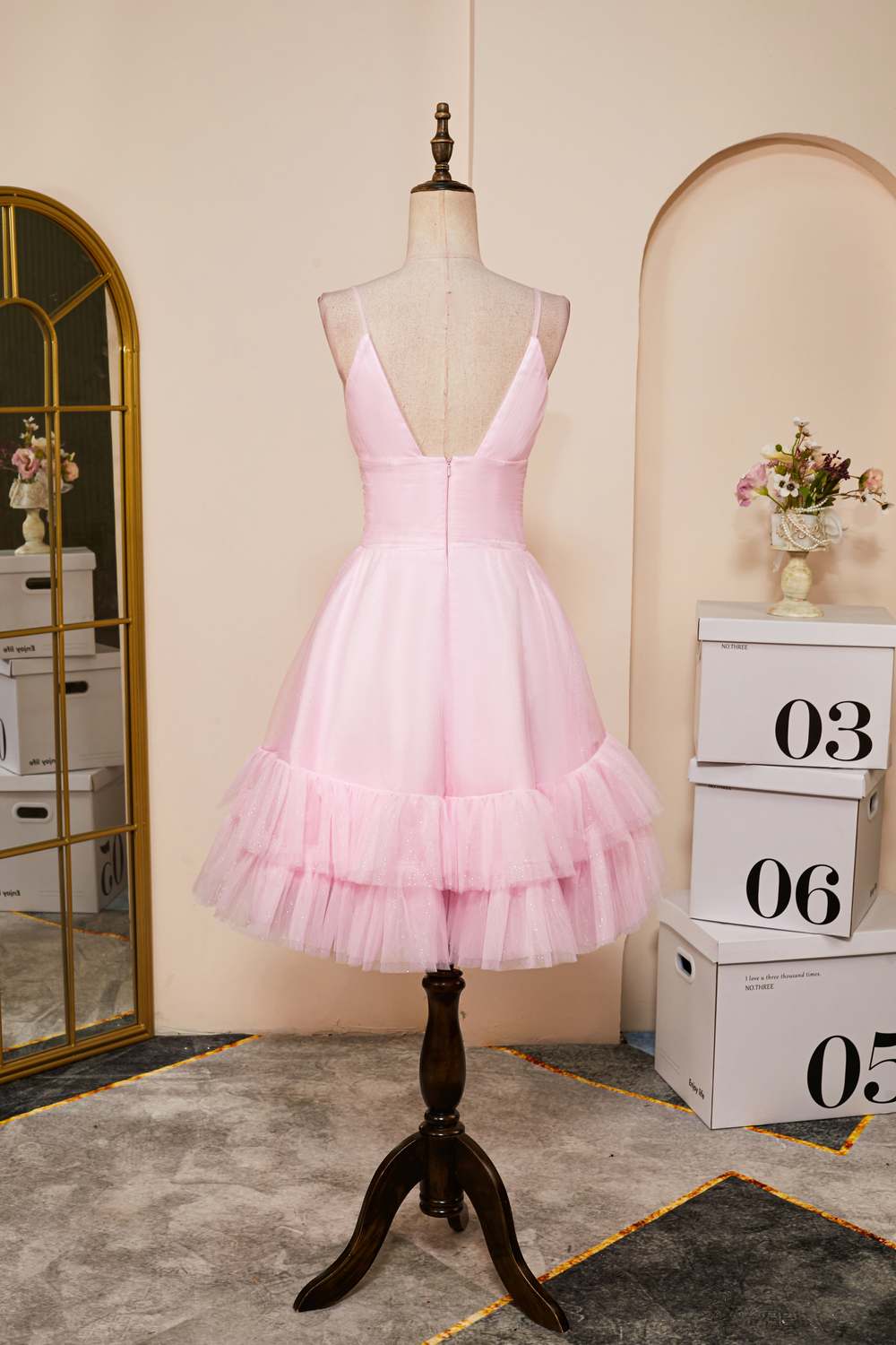 Pink Plunging V Neck Multi-Layers A-line Straps Homecoming Dress