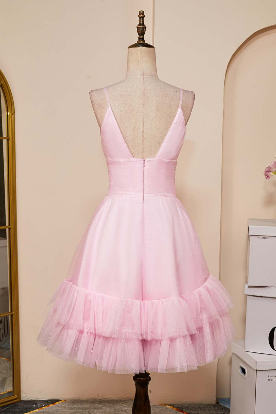 Pink Plunging V Neck Multi-Layers A-line Straps Homecoming Dress