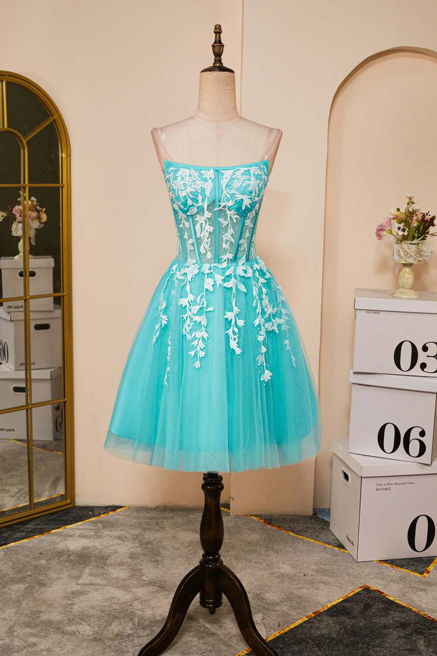 Sky Blue Appliques Strapless A-line Homecoming Dress