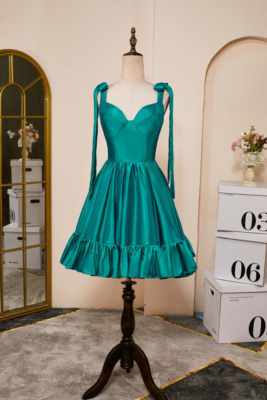 Hunter Green A-line Bow Tie Straps Ruffled Satin Homecoming Dress