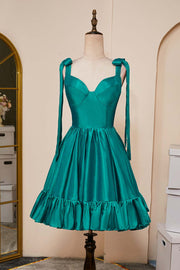 Hunter Green A-line Bow Tie Straps Ruffled Satin Homecoming Dress