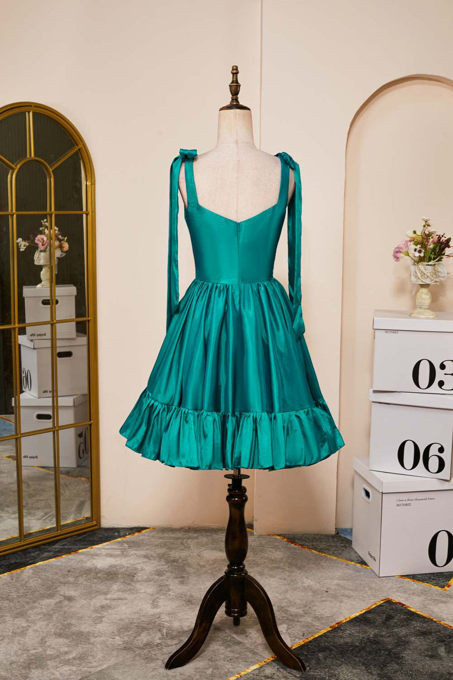 Hunter Green A-line Bow Tie Straps Ruffled Satin Homecoming Dress