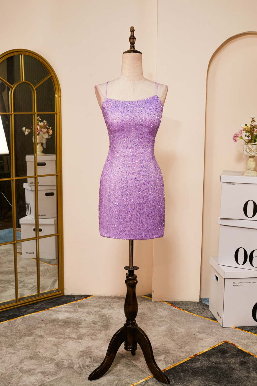 Lavender Sequins Sheath Lace-Up Homecoming Dress