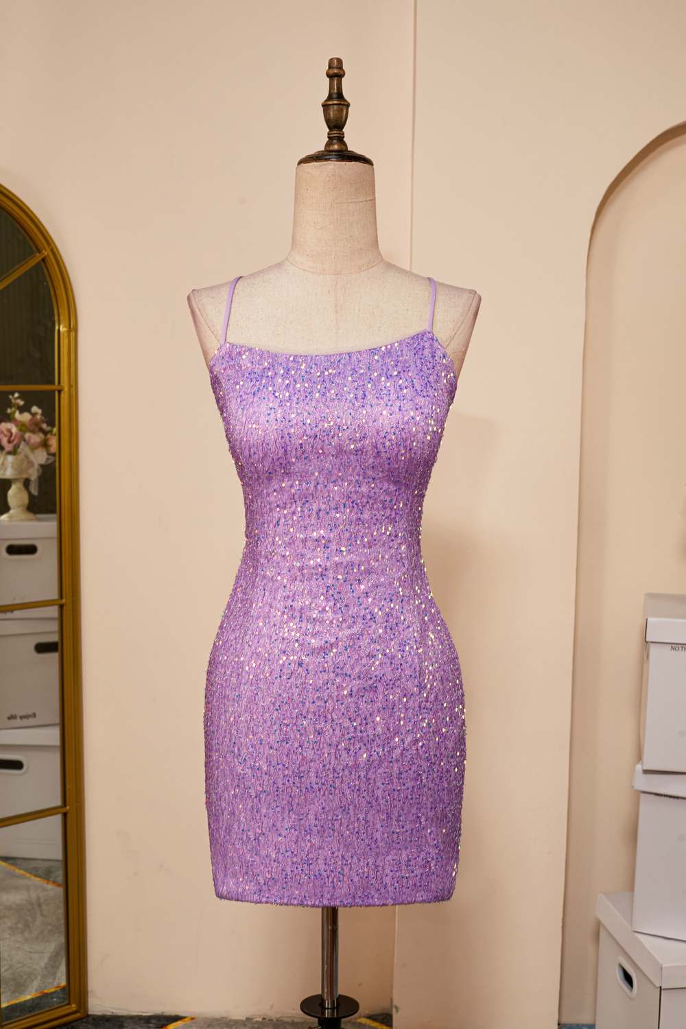 Lavender Sequins Sheath Lace-Up Homecoming Dress