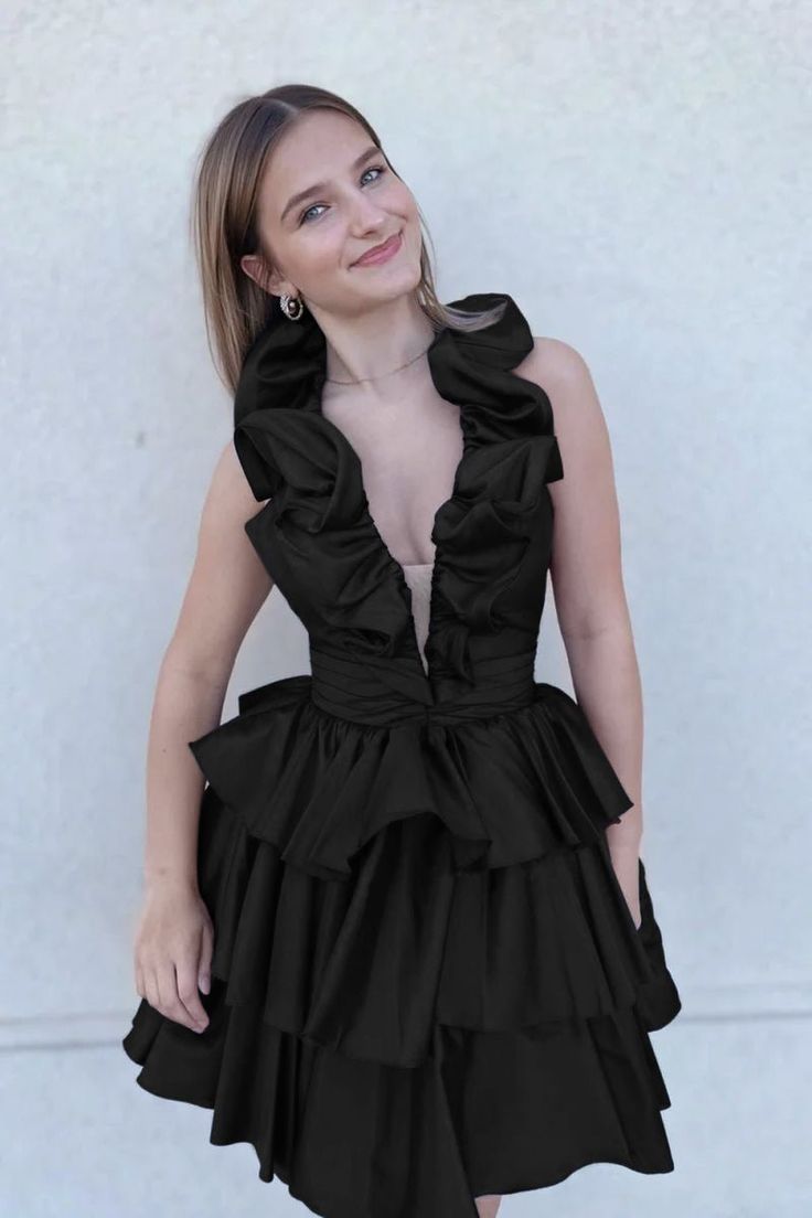 Low V-Neck Ruffled Halter Satin A-Line Tiered Homecoming Dress